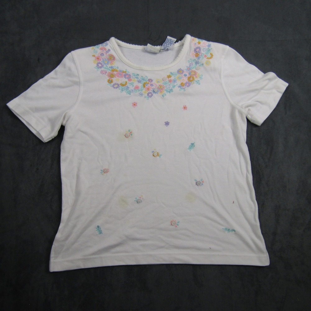 Koret Top Women Petite S White Floral Embroidered Sequin Short Sleeve Grannycore